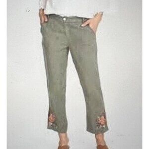 JW Los Angeles Linen Floral Embroidered Ankle Fit Pants S Sage Green Johnny Was